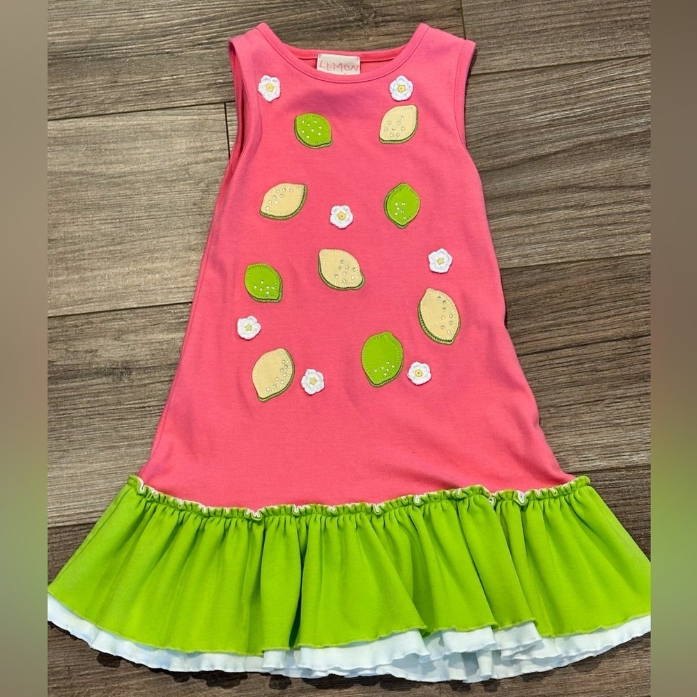 Lemon Loves Lime Girls 3T Dress with Lemon and Lime Appliqués and Ruffle Hem